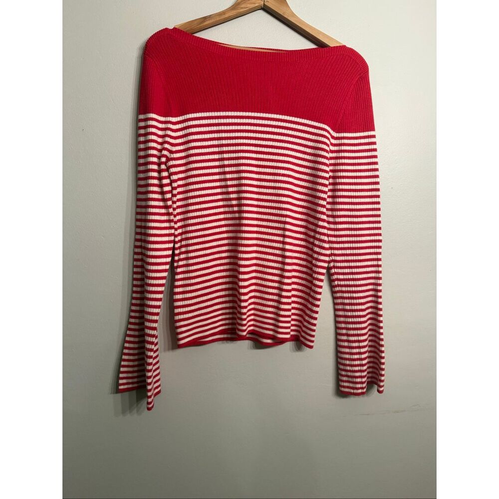 Loft Red White Stripe Boat Neck Flared Long‎ Sleeve Pullover Sweater Size XL NWT